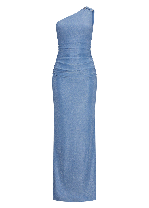 Asymmetrical dress in lamé jersey - DIOWIA, BLUE Frontansicht