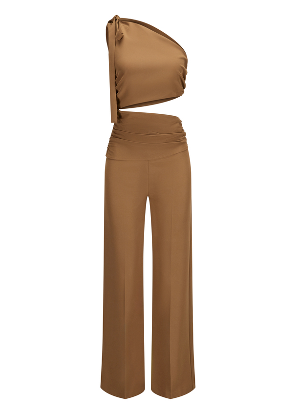 Asymmetrical jumpsuit with shoulder tie - AMOLIWA, Camel Frontansicht