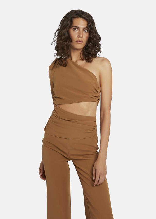 Asymmetrical jumpsuit with shoulder tie - AMOLIWA, Camel Detailansicht 2